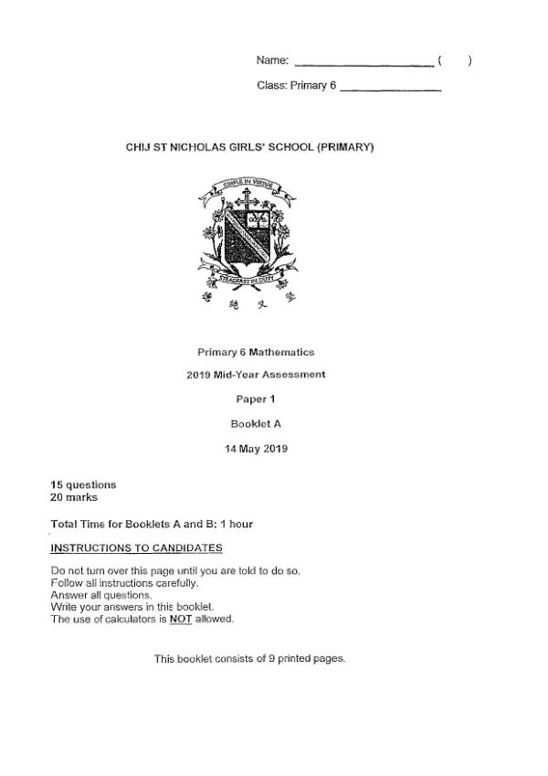 First page preview of P6 Math 2019 WA2 — CHIJ