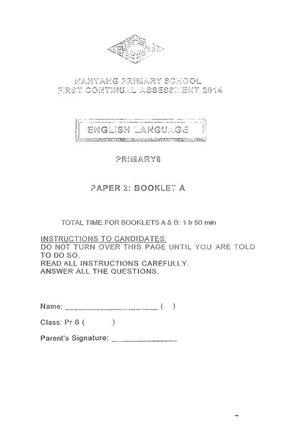 Nanyang P6 Eng WA1 2014 exam paper PDF preview