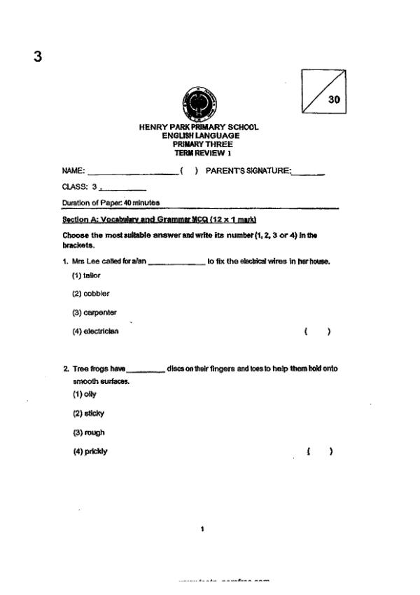 Henry Park P3 Eng WA1 2017 exam paper PDF preview