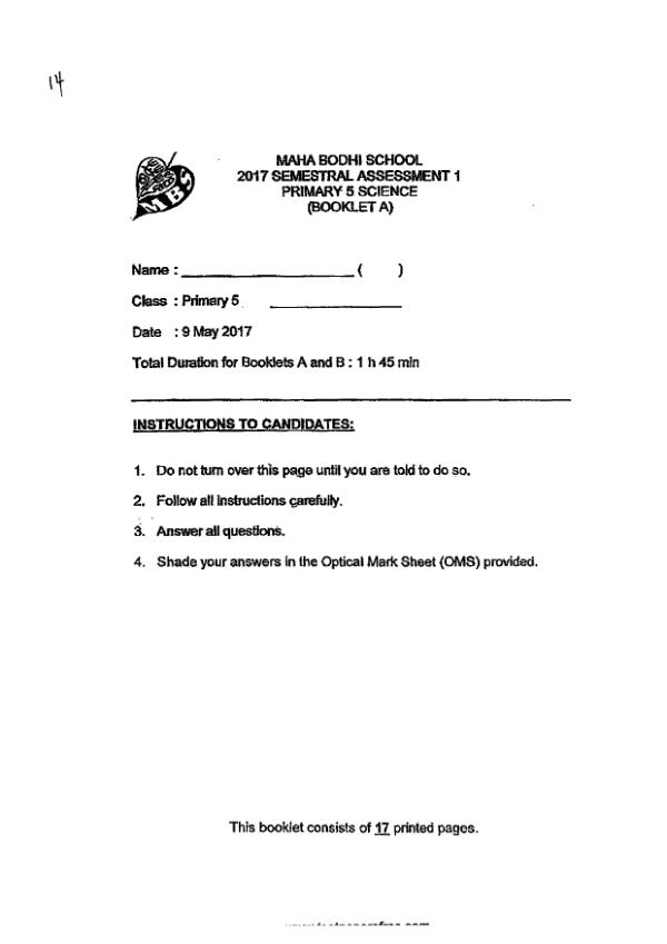 Maha Bodhi P5 Sci WA2 2017 exam paper PDF first page preview