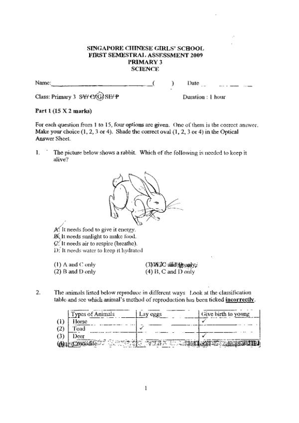 Singapore Chinese Girls P3 Sci WA2 2009 exam paper PDF first page preview
