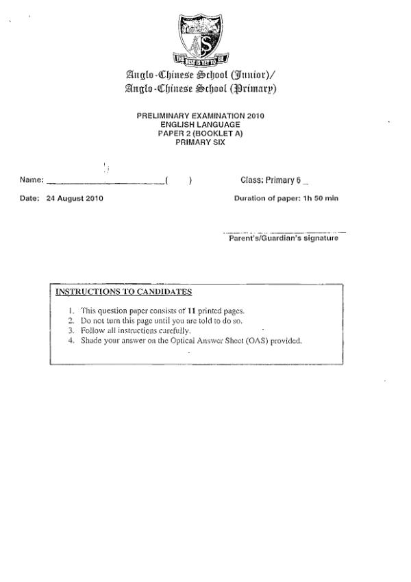 Anglo Chinese P6 Eng SA2 2010 exam paper PDF preview