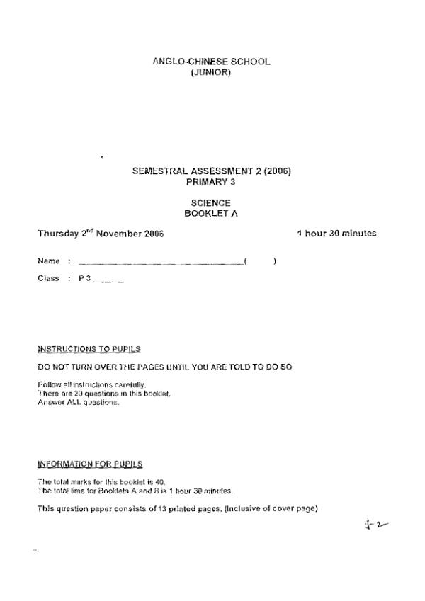 Anglo Chinese P3 Sci SA2 2006 exam paper PDF first page preview