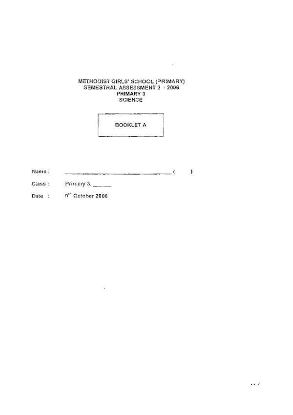 Methodist Girls P3 Sci SA2 2006 exam paper PDF preview