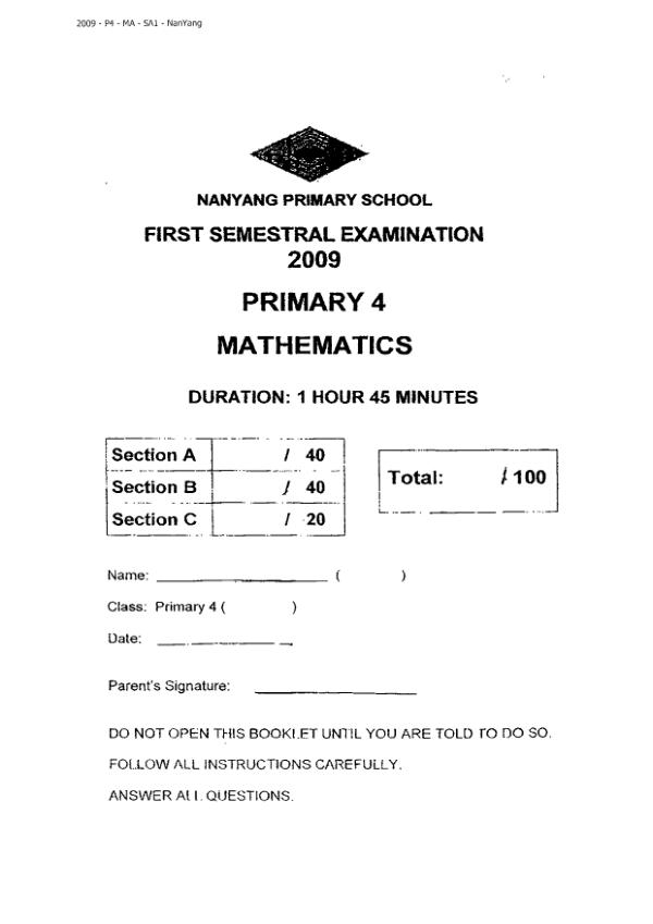 Nanyang P4 Math WA2 2009 exam paper PDF first page preview