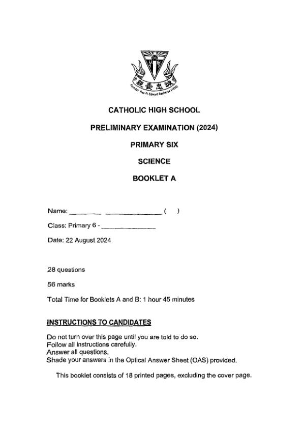 First page preview of P6 Sci 2024 SA2 — Catholic High