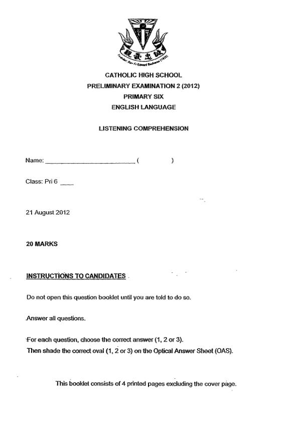 Catholic High P6 Eng SA2 2012 exam paper PDF first page preview