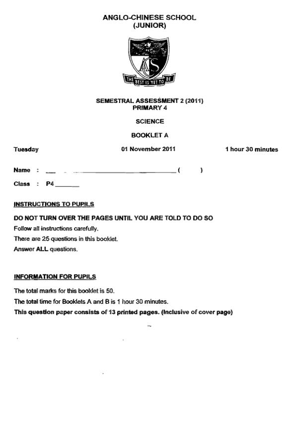 Anglo Chinese P4 Sci SA2 2011 exam paper PDF preview