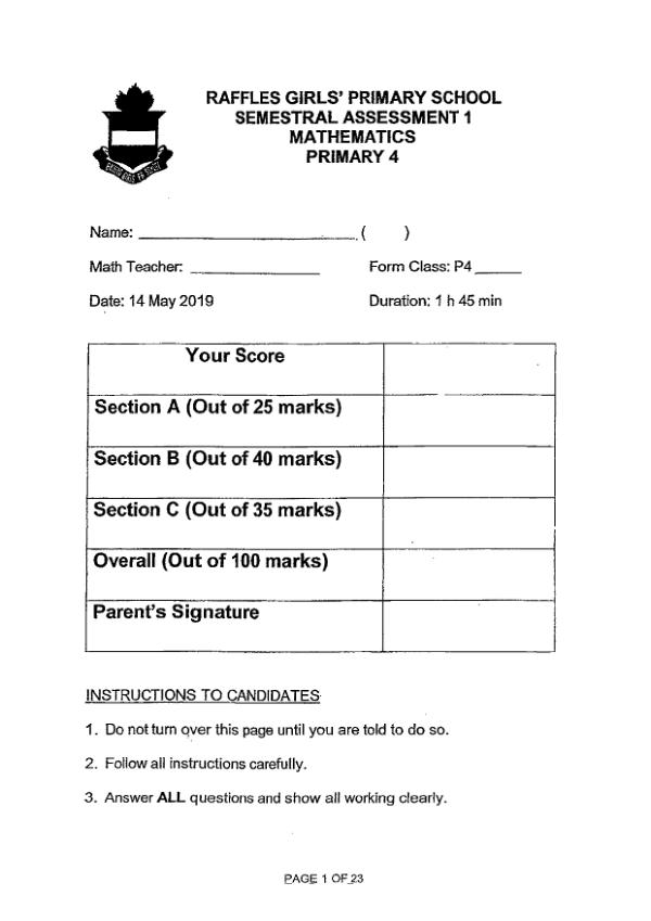 First page preview of P4 Math 2019 WA2 — Raffles Girls