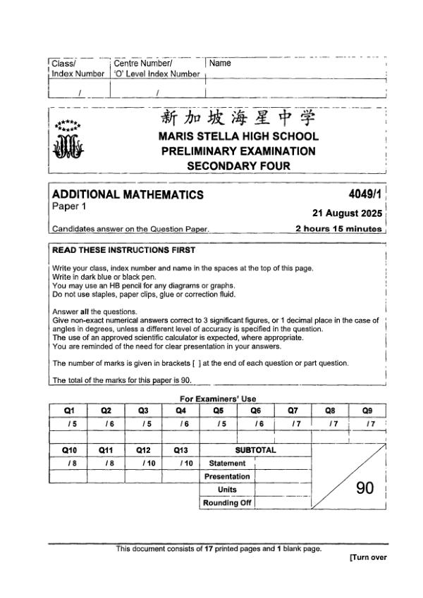 Maris Stella Sec4 A_Maths Prelim 2025 exam paper PDF preview