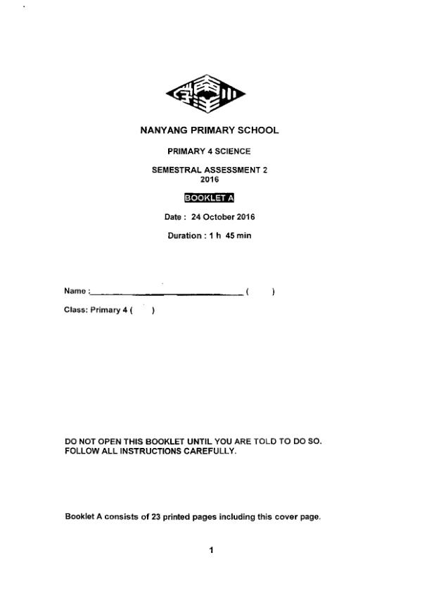 Nanyang P4 Sci SA2 2016 exam paper PDF first page preview