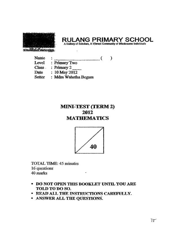 Rulang P2 Math WA2 2012 exam paper PDF first page preview