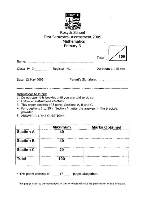 Rosyth P3 Math WA2 2009 exam paper PDF preview