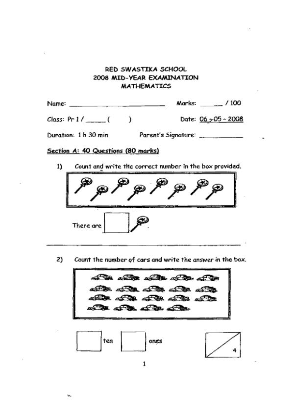 Red Swastika P1 Math WA2 2008 exam paper PDF first page preview