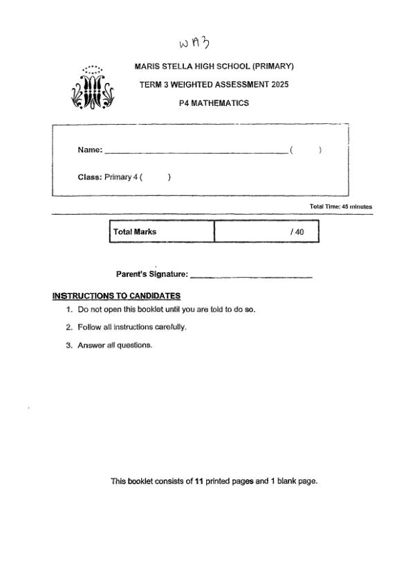 First page preview of P4 Math 2025 WA3 — Maris Stella High