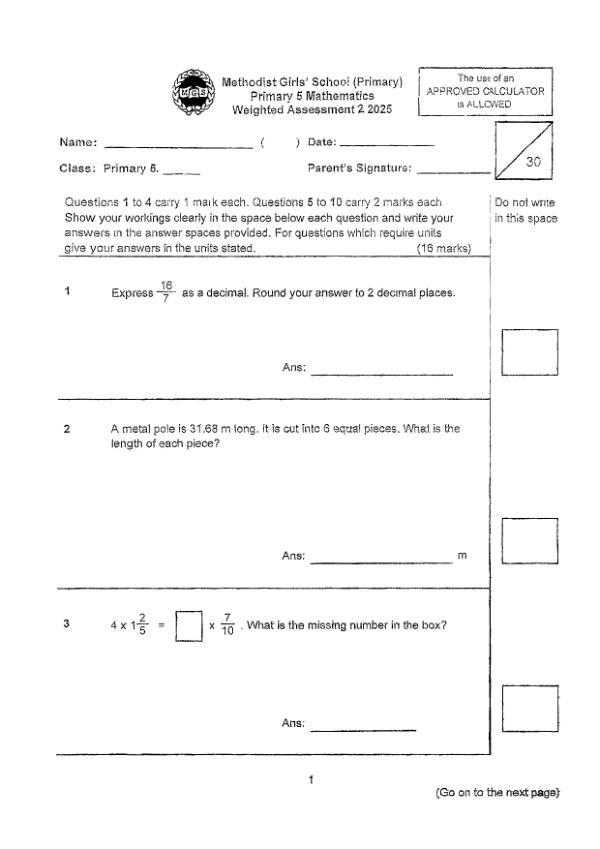 First page preview of P5 Math 2025 WA2 — Methodist Girls