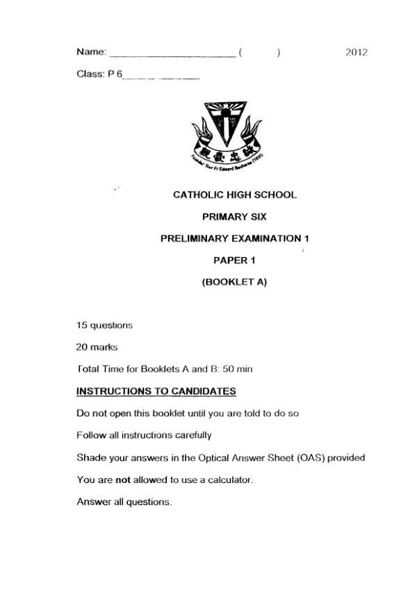 Catholic High P6 Math SA2 2012 exam paper PDF preview