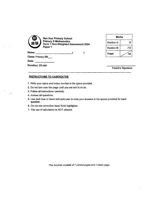 First page preview of P6 Math 2024 WA1 — Nan Hua