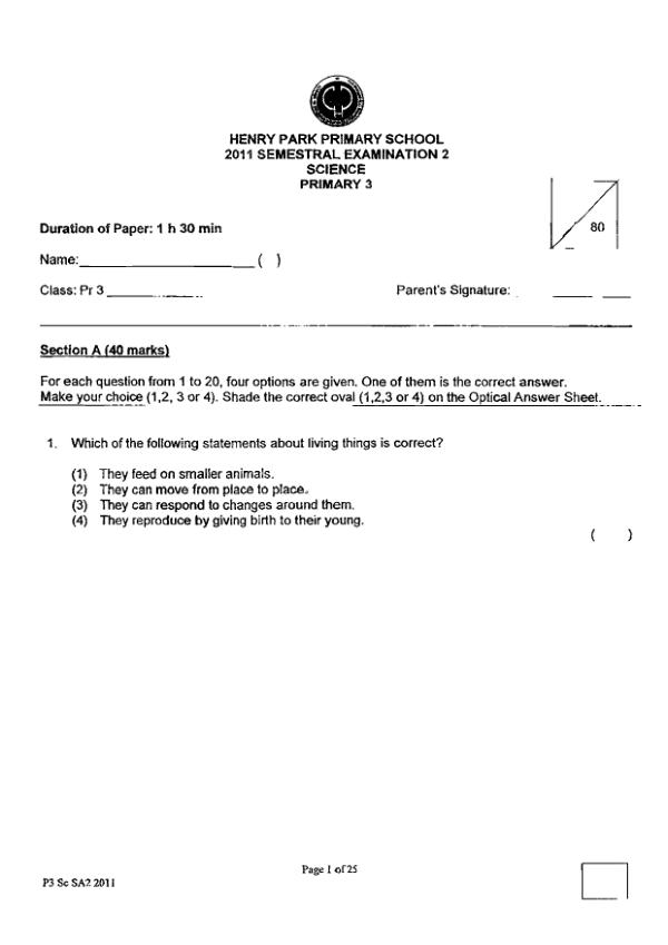 Henry Park P3 Sci SA2 2011 exam paper PDF preview