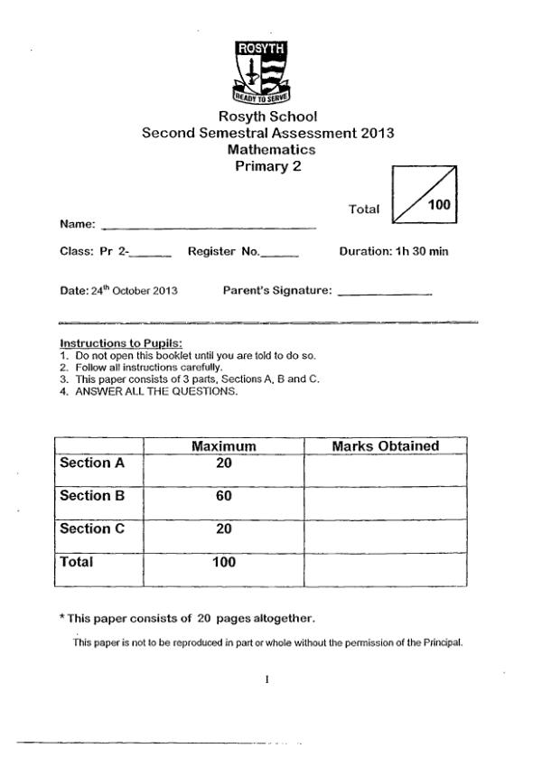 Rosyth P2 Math SA2 2013 exam paper PDF preview