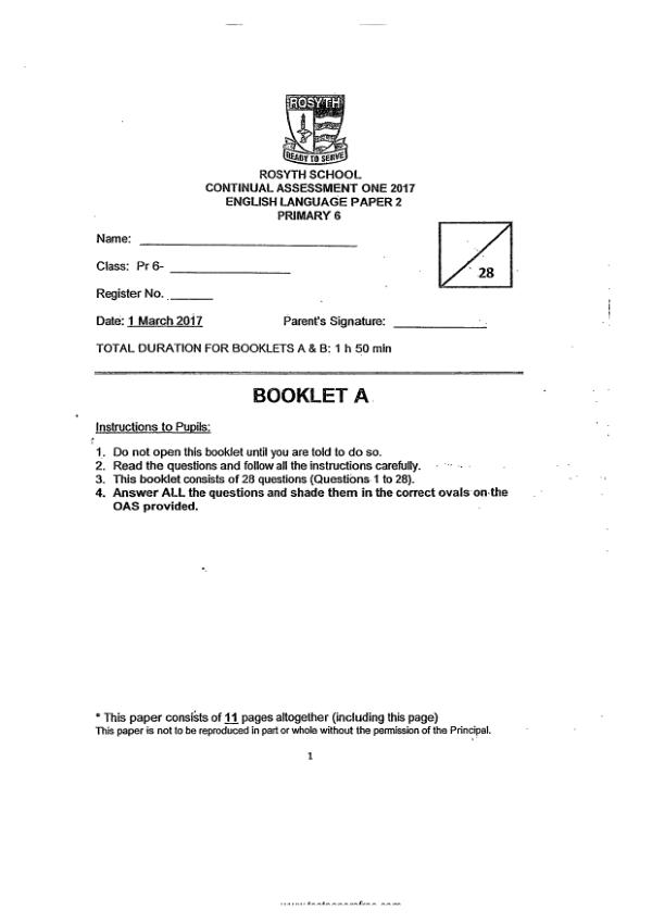 Rosyth P6 Eng WA1 2017 exam paper PDF preview