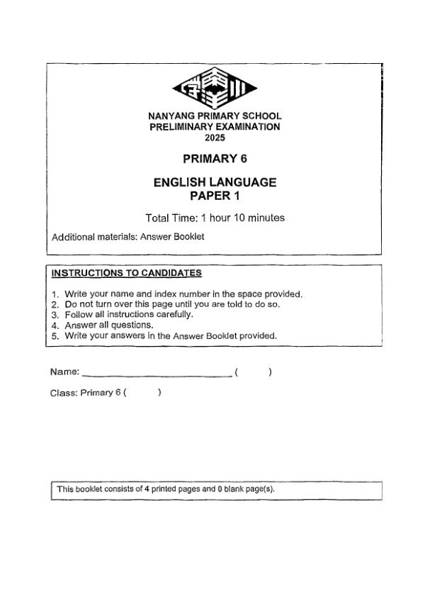 Nanyang P6 Eng SA2 2025 exam paper PDF preview