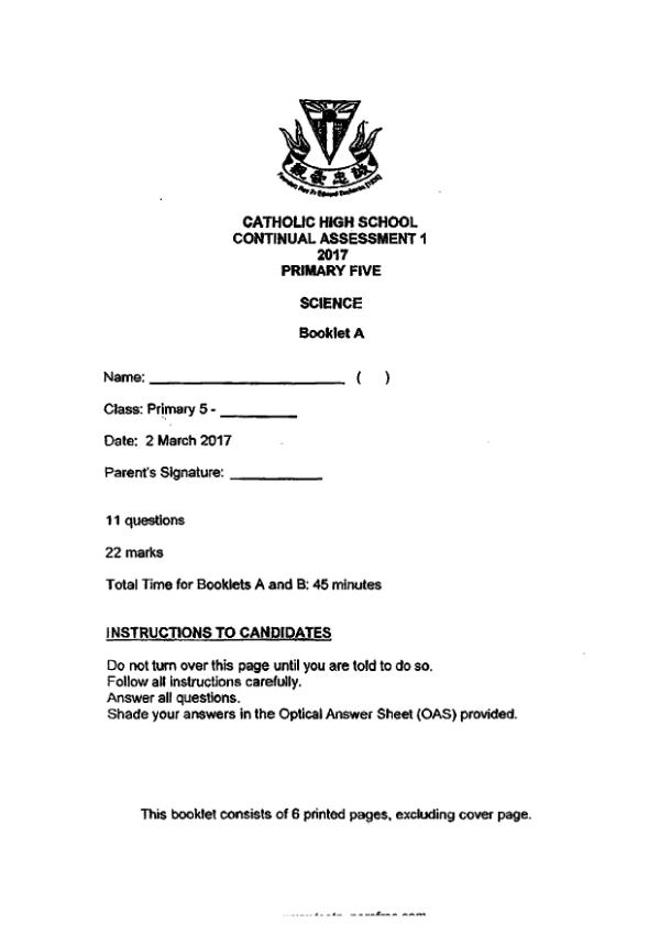 Catholic High P5 Sci WA1 2017 exam paper PDF first page preview