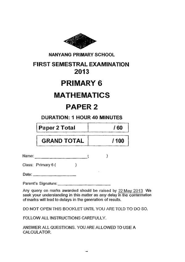 Nanyang P6 Math WA2 2013 exam paper PDF first page preview