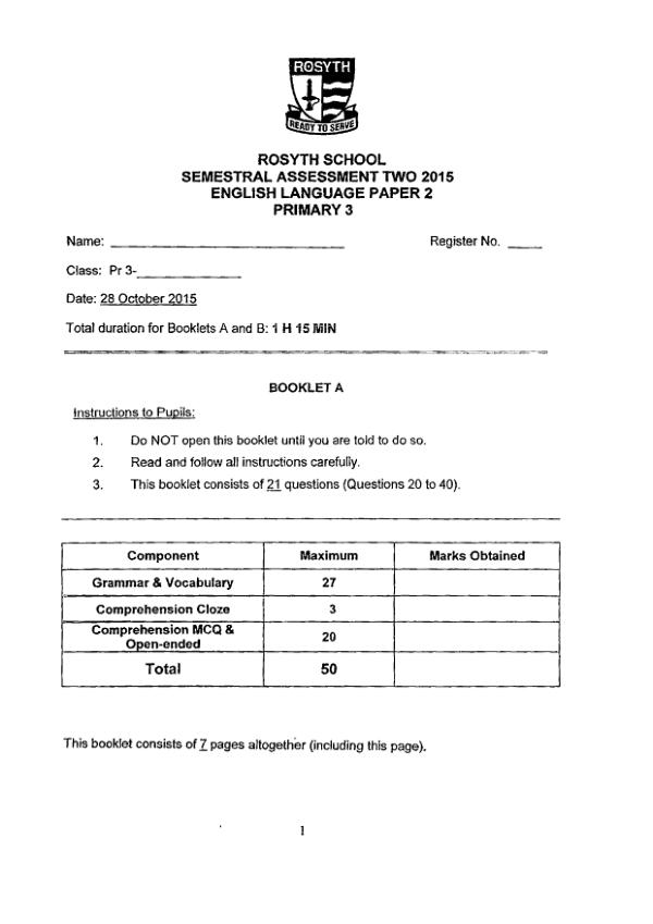 Rosyth P3 Eng SA2 2015 exam paper PDF first page preview
