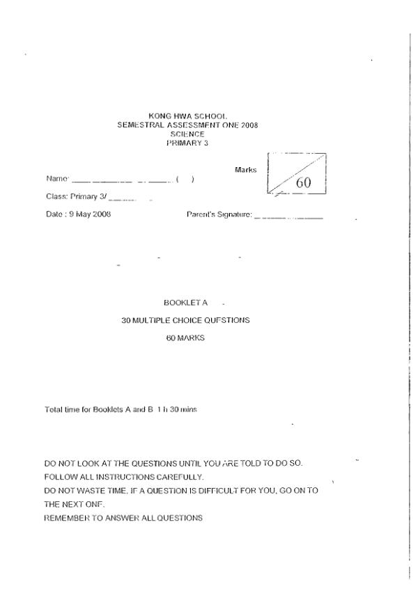 Kong Hwa P3 Sci WA2 2008 exam paper PDF preview