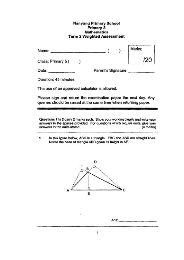 First page preview of P5 Math 2023 WA2 — Nanyang