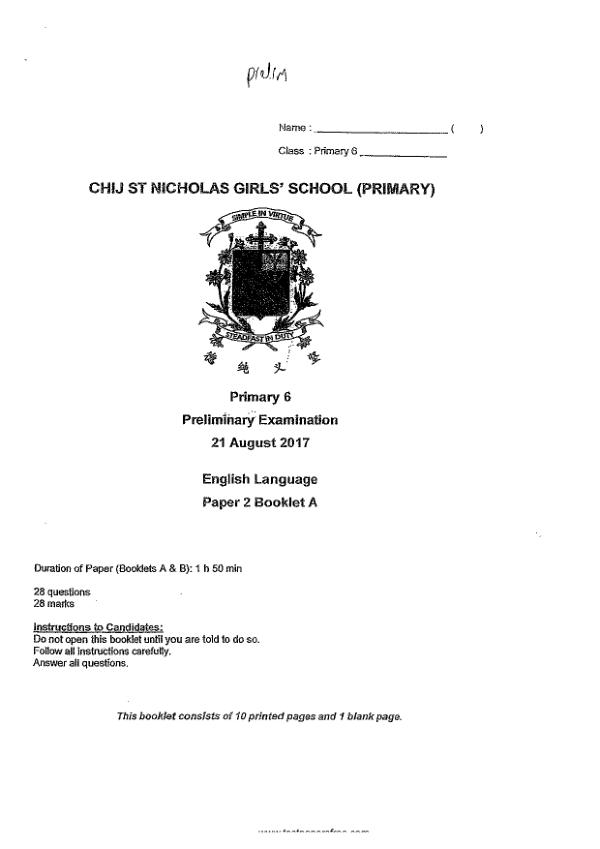 CHIJ P6 Eng SA2 2017 exam paper PDF first page preview