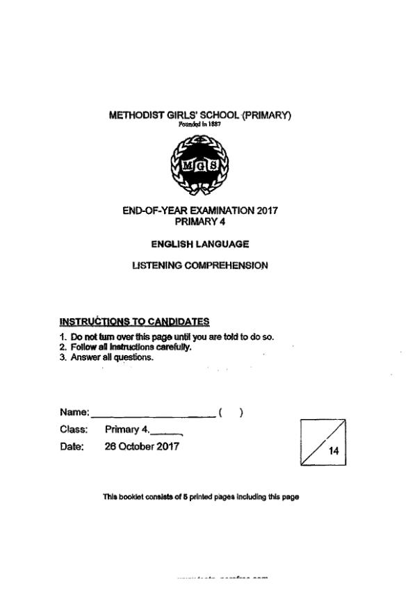 Methodist Girls P4 Eng SA2 2017 exam paper PDF first page preview