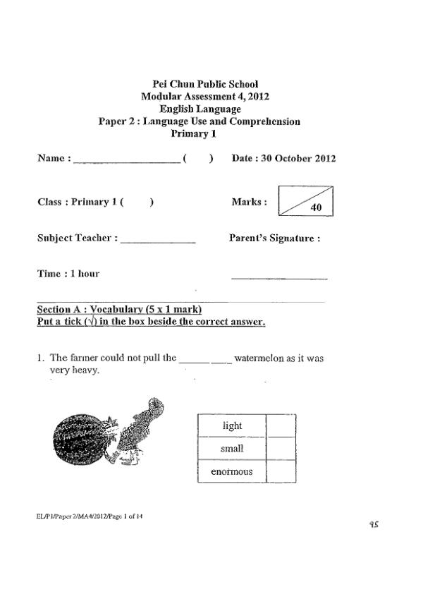 Pei Chun P1 Eng SA2 2012 exam paper PDF preview