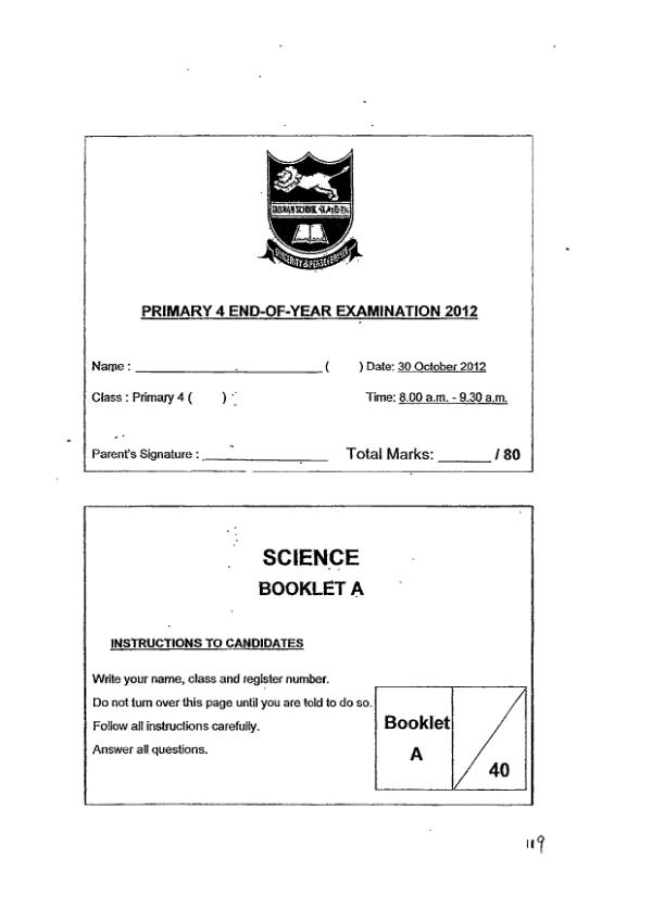 Tao Nan P4 Sci SA2 2012 exam paper PDF preview