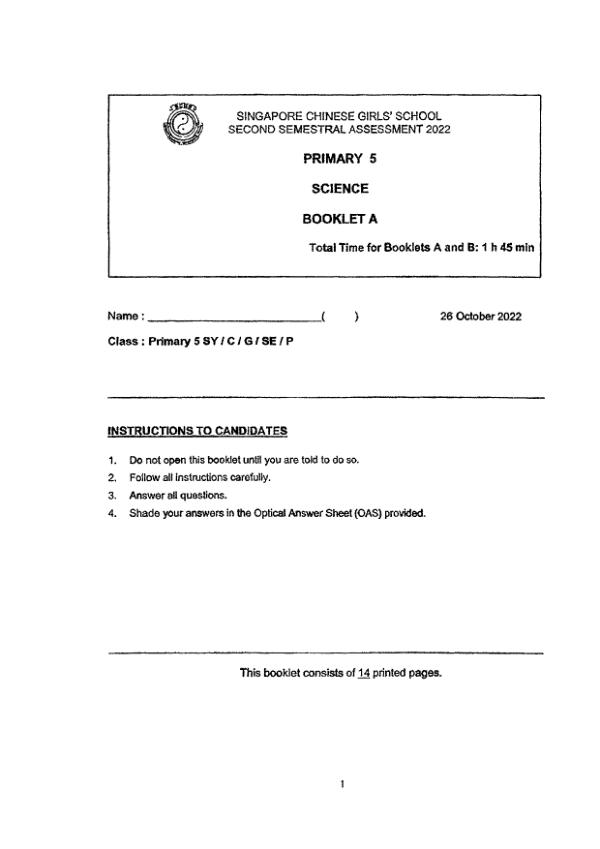 Singapore Chinese Girls P5 Sci SA2 2022 exam paper PDF first page preview