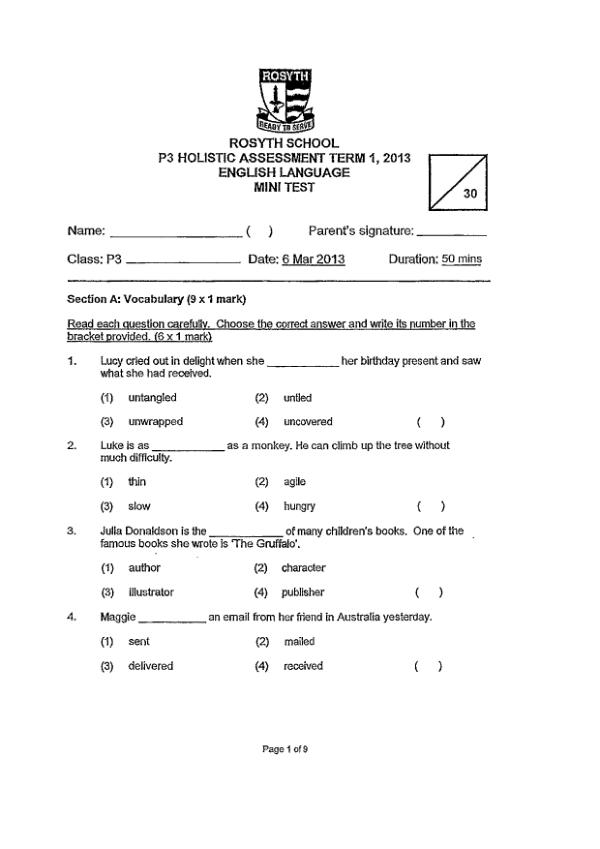 Rosyth P3 Eng WA1 2013 exam paper PDF preview