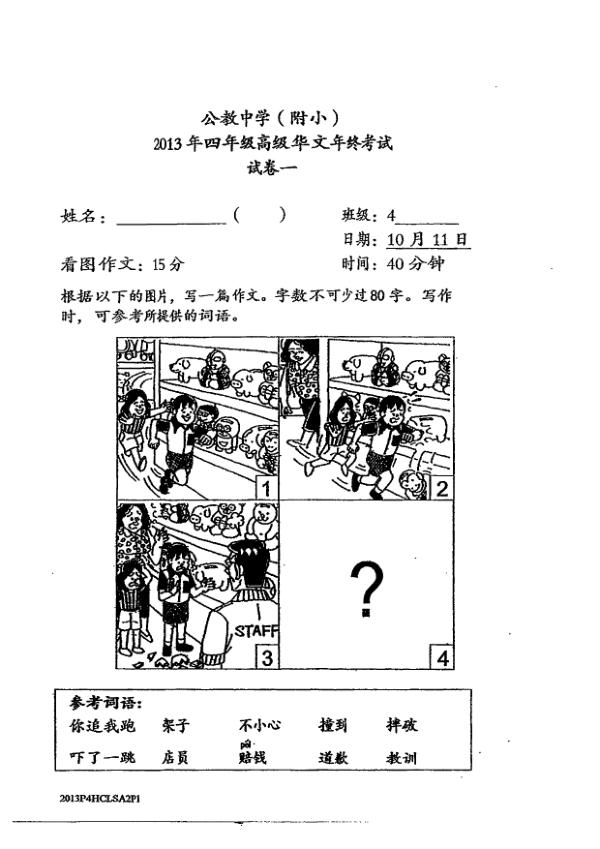 Catholic High P4 Chi SA2 2013 exam paper PDF first page preview