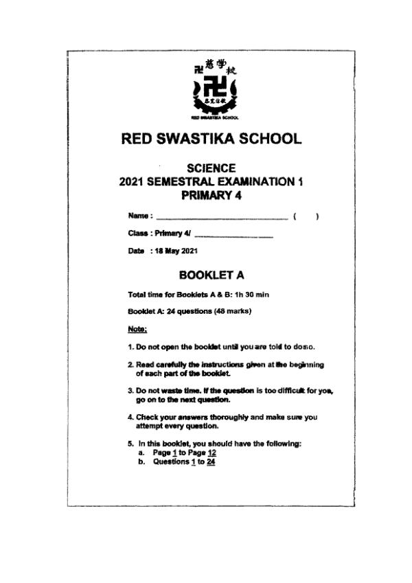 Red Swastika P4 Sci WA2 2021 exam paper PDF first page preview