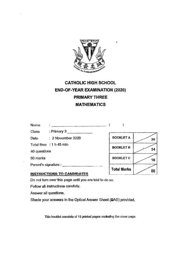 First page preview of P3 Math 2020 SA2 — Catholic High