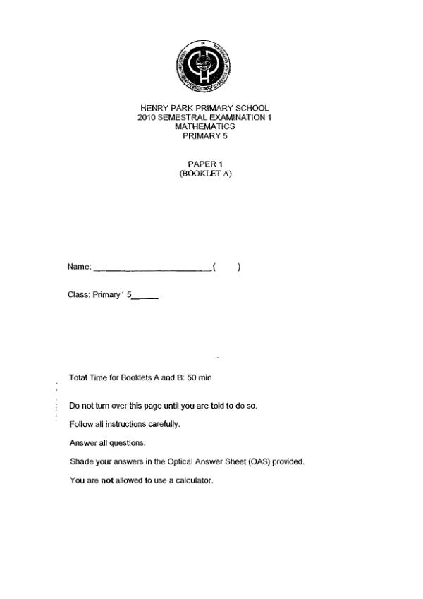 Henry Park P5 Math WA2 2010 exam paper PDF first page preview