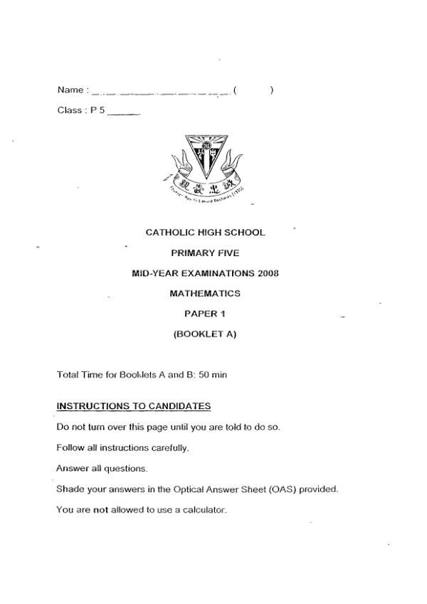 First page preview of P5 Math 2008 WA2 — Catholic High
