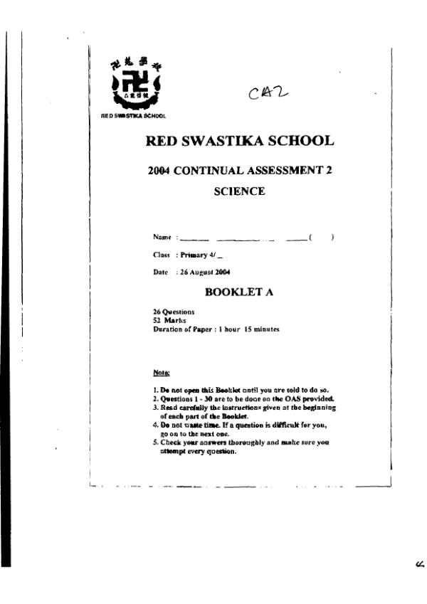 Red Swastika P4 Sci WA3 2004 exam paper PDF preview