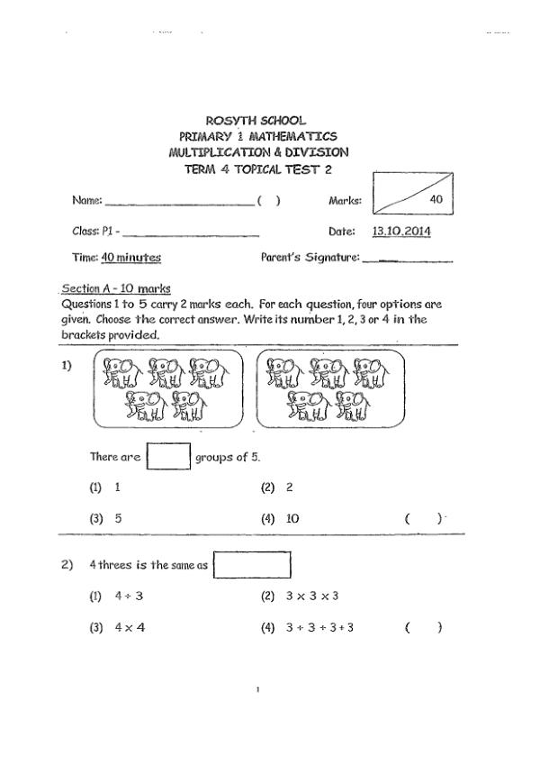 First page preview of P1 Math 2014 SA2 — Rosyth
