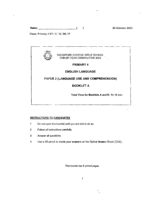 Singapore Chinese Girls P4 Eng SA2 2023 exam paper PDF preview