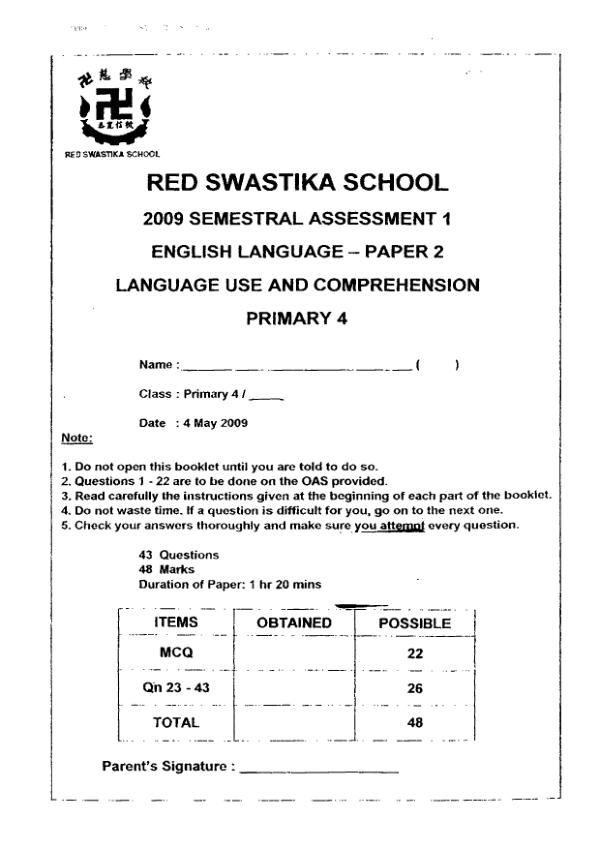 Red Swastika P4 Eng WA2 2009 exam paper PDF preview
