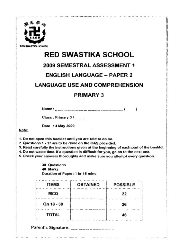 Red Swastika P3 Eng WA2 2009 exam paper PDF first page preview