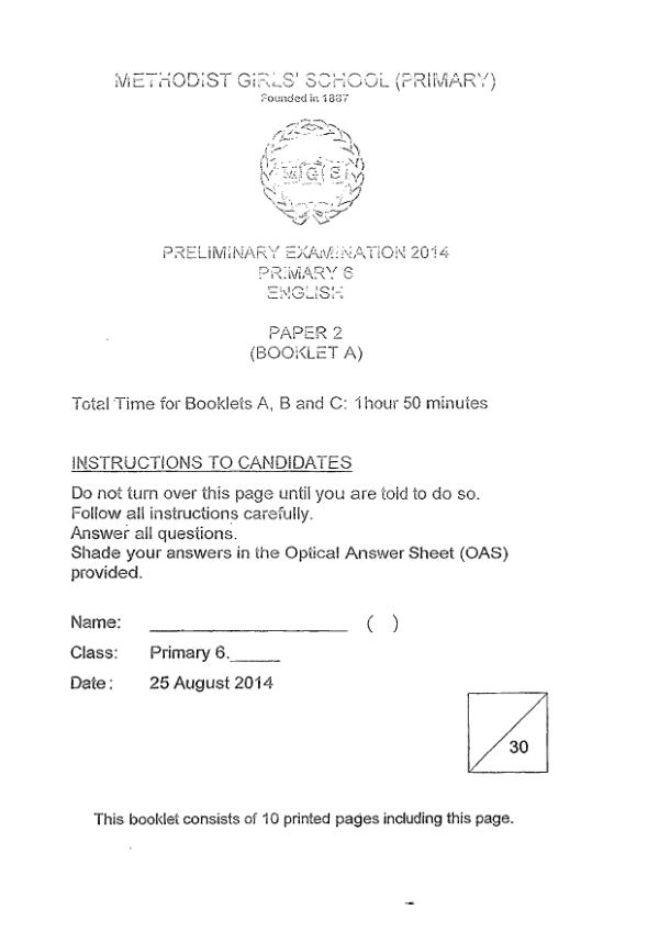 Methodist Girls P6 Eng SA2 2014 exam paper PDF first page preview