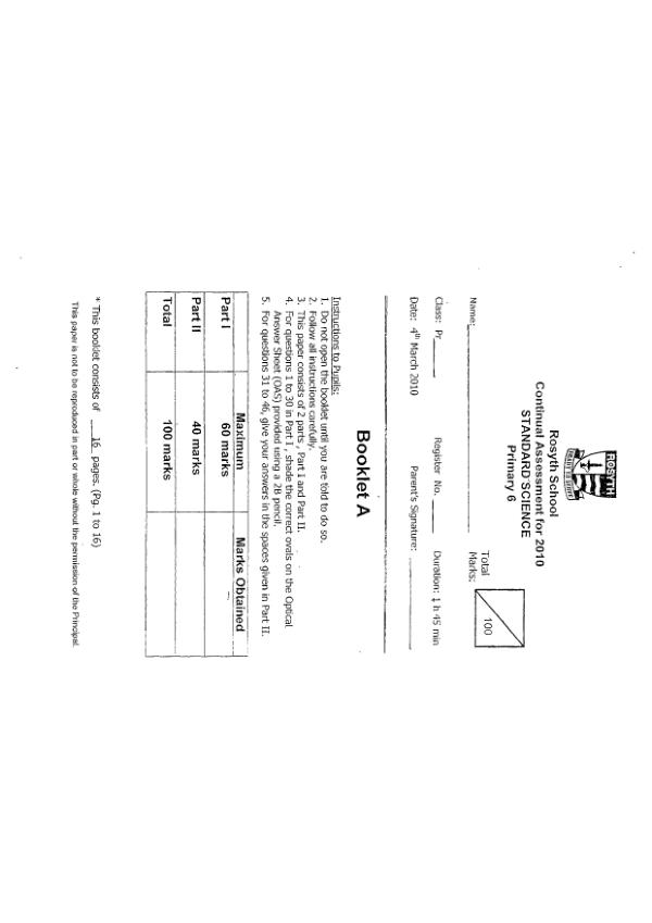 Rosyth P6 Sci WA1 2010 exam paper PDF preview