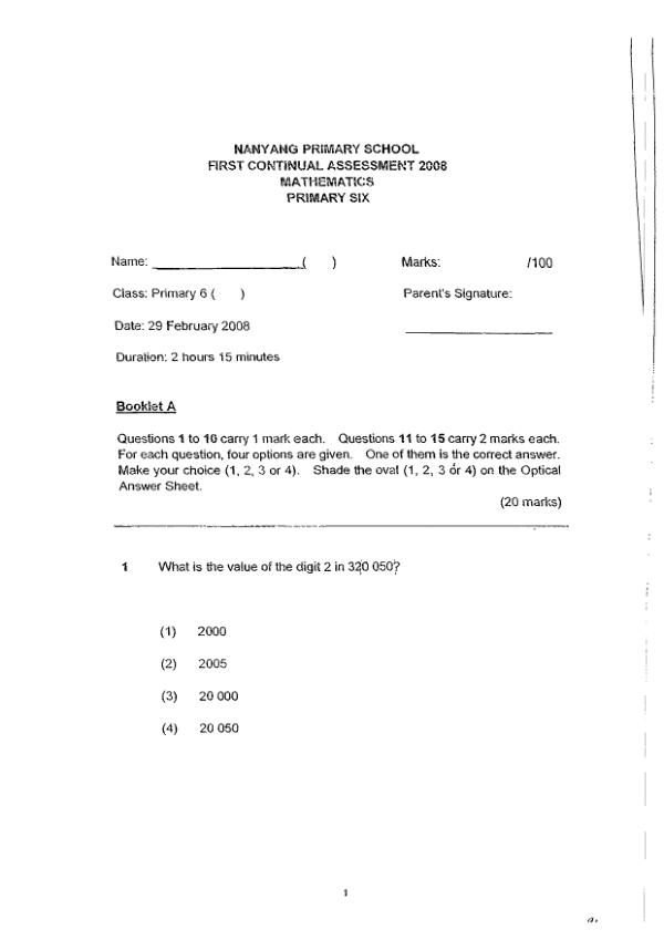 Nanyang P6 Math WA1 2008 exam paper PDF preview